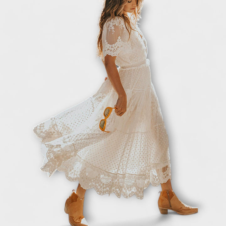 Lacey Midi Dress with V-Neck and Short Sleeves